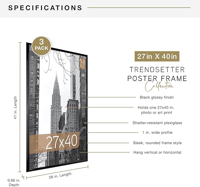 MCS Trendsetter Movie Poster Frame 27x40 Black High-Gloss, Vertical & Horizontal Wall Hanging Large Picture Frame for Photos, Artwork & Custom Posters (3-Pack)