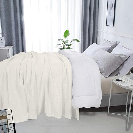DOLLCENT 100% Cotton California King Size Blanket for Bed, Premium Combed Lightweight Blankets, Washed Breathable Bed Throw Blanket, Ivory Cal King Cotton Blankets for All Season: Ivory (102"x108")