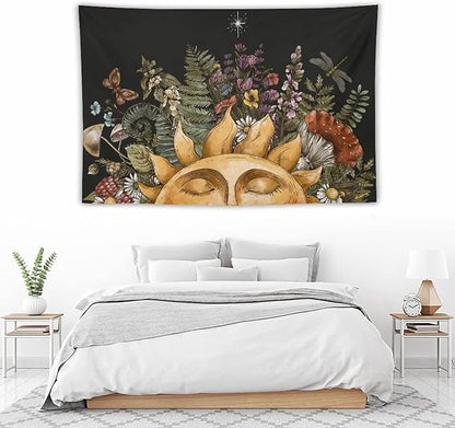 Vintage Sun Tapestry Wall Hanging,Hippie Boho Mushroom Floral Plant Tapestries for College Dorm Living Room Bedroom Decor(60"x90")