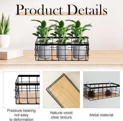 2-Pack Small Wire Baskets, Metal Wire Storage Baskets, Rustic Storage Bin Wood Base Containers Farmhouse Rectangle Organizer Tray for Home Kitchen Bathroom