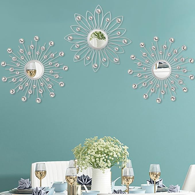 Uaussi 3 Pack Crystal Sunburst Wall Mirror Décor Rhinestone Mirrors Decorative Home Wall Art for Living Room Bedroom Entryway(Flower+Sunburst Silver)