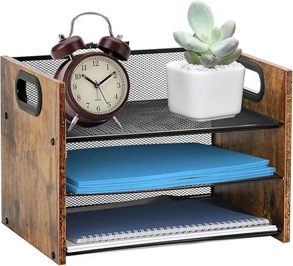 Wood Desk Organizer - 3-Tier Desktop File Organizer, Wooden Paper Tray, Office Desk Organzier and Accessories for Papers, Mail, Notebooks, Stationery