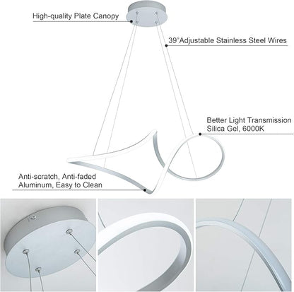 Contemporary Chandelie, LED Pendant Light with Irregular Rings, Not Dimmable 6000K Cool Light, Adjustable Pendant Light for Living Room, Dinning Room, Bed Room, Kitchen, Restaura