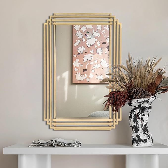 Gold Rectangle Mirror, 24"x36" Geometric Art Deco Mirror with Metal Frame, Modern Elegant Wall Mirrors for Living Room Bathroom Vanity Bedroom Entryway, Hangs Vertically or Horizontally
