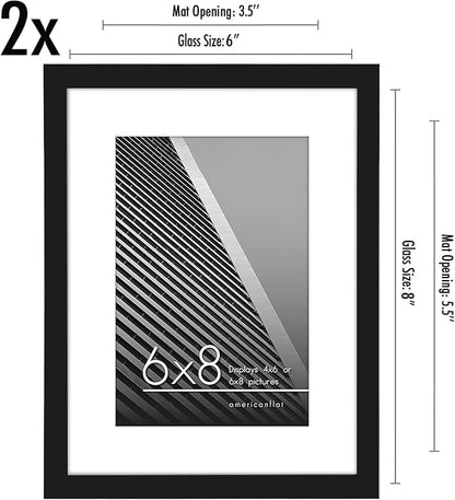 Americanflat 6x8 Picture Frame with Shatter-Resistant Glass - Set of 2 - Use as 4x6 Frame with Mat or Display 6x8 Photo Without Mat - Streamline Collection - Tabletop or Wall Display - Black