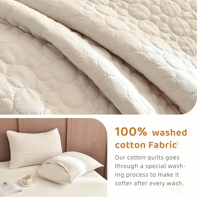 Sanracie Oversized Queen Quilt 102"*118",100% Cotton Bedspread Coverlet Lightweight Wheat Colored Extra Large 3Pcs Circular Quilting Queen bedspreads Cozy Cloud Quilt Bedding for All Season