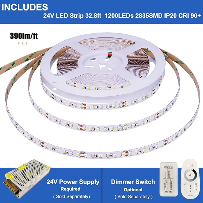 JOYLIT 24V UL LED Strip Lights 4000K Natural White 32.8ft 450lm/ft CRI 92+, Premium 10M SMD 2835 1200LEDs Density 14500lm Bright Dimmable Indoor Tape Light for Residential, Commercial, Industrial