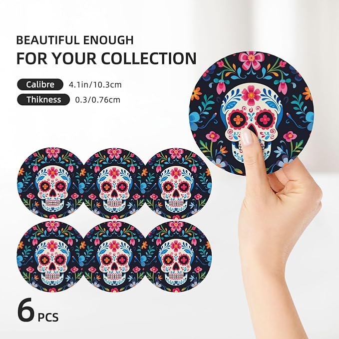 6 Pcs Ceramic Coasters with Holder Absorbent Drink Round Mexican Sugar Skull and Flowers Design for Home Table Coffee Cup Wine Beer Bar,Size 4.4 inches