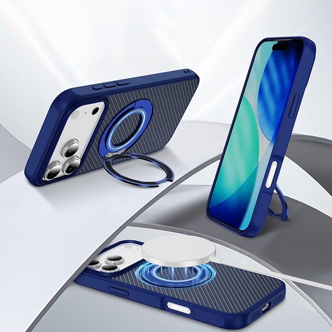 Mag-Stand Carbon Fiber Case for iPhone 17 Pro, 360° Rotate Magnetic Stand, Compatible with MagSafe, 15FT Military Protection, Slim Shockproof Magnetic Kickstand Mag Phone Case for Men Women