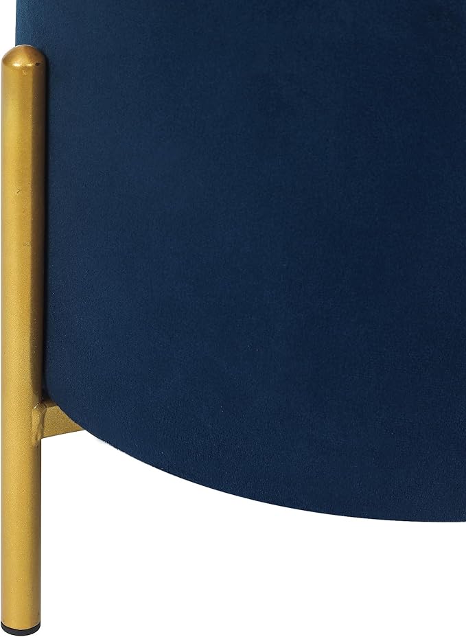 Adeco Upholstered Tufted Round Storage Ottomans, Navy Modern Velvet Footstool with Storage Space and Gold Metal Legs for Couch, Living Room, Bedroom, Entryway