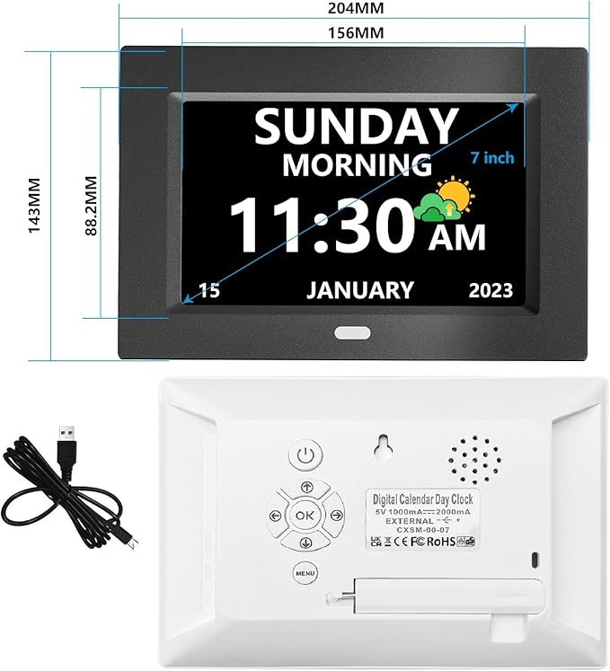 7 Inch Clock with Day and Date for Elderly Large Display Digital Clocks 12 Alarms 3 Display Modes Large Font Alzheimer's Clock Alarm Clocks for Seniors Auto DST Black