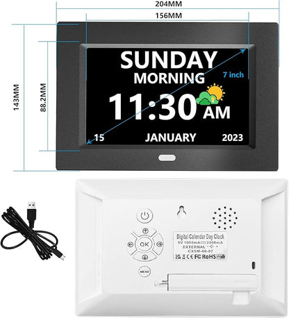 7 Inch Clock with Day and Date for Elderly Large Display Digital Clocks 12 Alarms 3 Display Modes Large Font Alzheimer's Clock Alarm Clocks for Seniors Auto DST Black