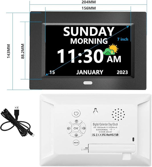 7 Inch Clock with Day and Date for Elderly Large Display Digital Clocks 12 Alarms 3 Display Modes Large Font Alzheimer's Clock Alarm Clocks for Seniors Auto DST Black