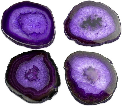 Purple Agate Slices Large Crystal Geode Coasters Set of 4 with Rubber Bumpers - Unique 4-5 Inch Dyed Stone Drink Cup Coasters for Home Decor, Coffee Table, Bar Accessories
