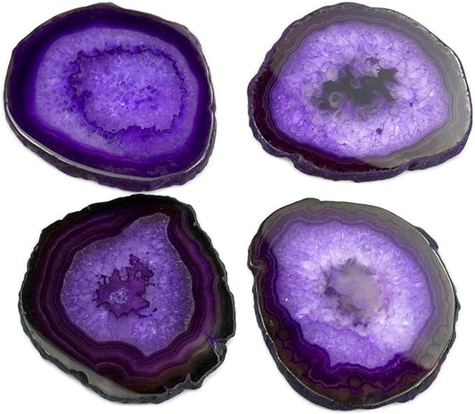 Purple Agate Slices Large Crystal Geode Coasters Set of 4 with Rubber Bumpers - Unique 4-5 Inch Dyed Stone Drink Cup Coasters for Home Decor, Coffee Table, Bar Accessories