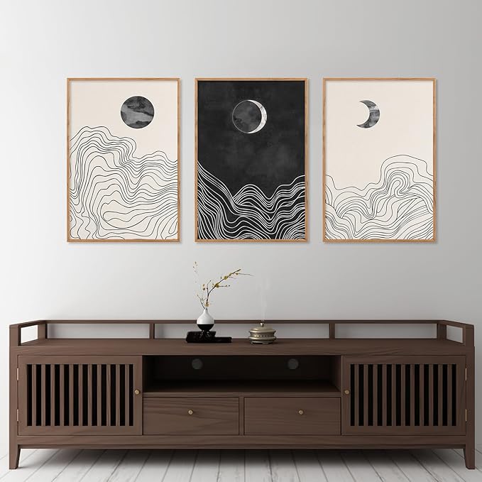 HLNIUC Black and White Abstract Wall Art Set of 3, Large Boho Framed Canvas Decor(24x36), Modern Celestial Sun Moon Painting, Geometric Line Mountain Art Print for Living Room, Bedroom, Office