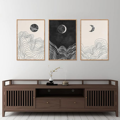 HLNIUC Black and White Abstract Wall Art Set of 3, Large Boho Framed Canvas Decor(16x24), Modern Celestial Sun Moon Painting, Geometric Line Mountain Art Print for Living Room, Bedroom, Office