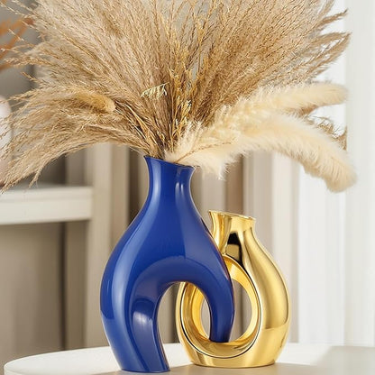 Blue Gold Modern Abstract Ceramic Vases for Home Decor,Nordic Snuggle Hollow Design for Flowers Pampas Grass Decorative,for Living Room Coffee Table Centerpiece,Entrance,Console (Blue)