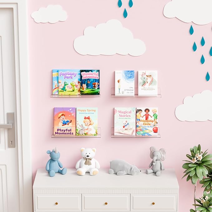 Yieach 4 Pack 15" Acrylic Shelves for Wall,Bathroom,Bedroom - with Adhesive - No Drilling Clear Floating Shelves for Funko Pop,Lego,Action Figures,Nail Polish,Perfume Shelf and Wall Storage & Display