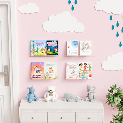 Yieach 4 Pack 15" Acrylic Shelves for Wall,Bathroom,Bedroom - with Adhesive - No Drilling Clear Floating Shelves for Funko Pop,Lego,Action Figures,Nail Polish,Perfume Shelf and Wall Storage & Display