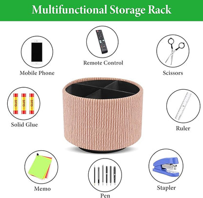 Round Leather Art Supply Organizer,Remote Control Holder,360 Degree Spinning,Multi-Functional Pencil Holder,4 Compartments Desktop Stationary Organizer(1-Wood Apricot)
