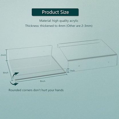 Floating Acrylic Shelves, 8X6 Inch Clear Wall Shelf, Small Plant Shelves, Picture and Toy Display Stand (No Drill, 2 Pack)