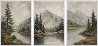 MUDECOR Framed Wall Art Print Set Mountain Landscape Nature with Trees, Lake, and Mountains, Rustic Illustrations Modern Art Decorative Colorful for Living Room, Bedroom, Office - 24"x36"x3 White