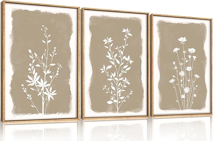 Aryroi Large Boho Wildflowers Framed Canvas Wall Art Set,Minimalist Neutral Floral Wall Decor,Vintage Natural Beige Flower Artwork,Modern Botanical Art Print For Living Room,Bedroom,Office-16 x24 x3