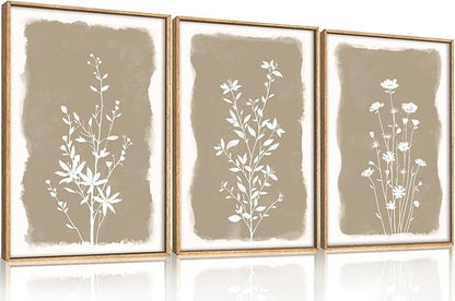 Aryroi Large Boho Wildflowers Framed Canvas Wall Art Set,Minimalist Neutral Floral Wall Decor,Vintage Natural Beige Flower Artwork,Modern Botanical Art Print For Living Room,Bedroom,Office-16 x24 x3