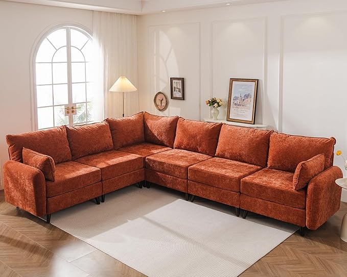 Modular Sectional Sofa with Seats Storage, Oversized L Shaped Couch,6-Seaters Comfy Couches for Living Room,Cloud Couches with Deep Seat,Chenille,Orange