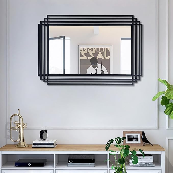 Rectangle Vanity Mirror, 24"x36" Geometric Wall Mirror with Black Metal Frame, Modern Elegant Art Mirrors for Living Room Bathroom Bedroom Entryway Hallway, Hangs Vertically or Horizontally