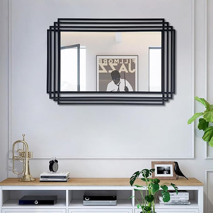 Rectangle Vanity Mirror, 24"x36" Geometric Wall Mirror with Black Metal Frame, Modern Elegant Art Mirrors for Living Room Bathroom Bedroom Entryway Hallway, Hangs Vertically or Horizontally