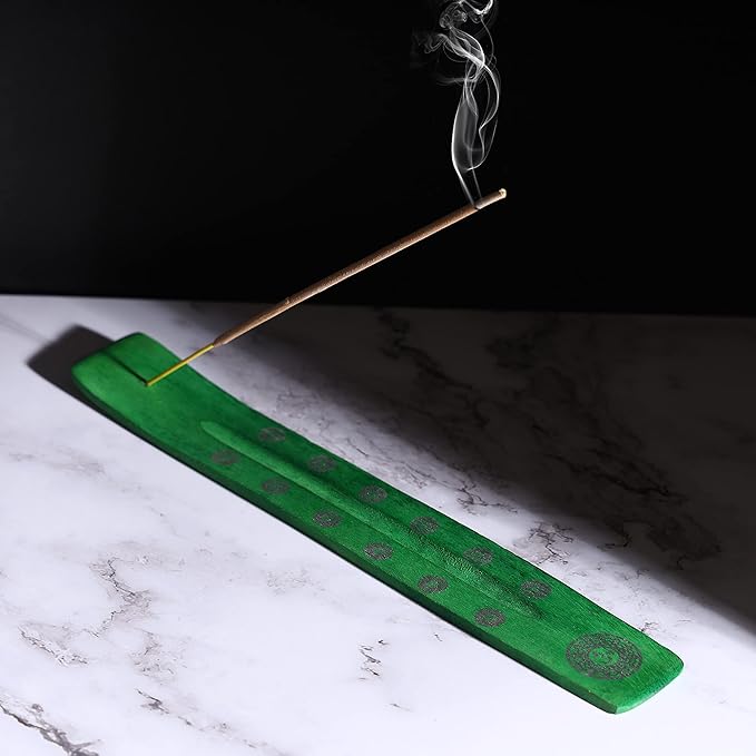 Bless-International Traditional-Handmade-Burner Wooden-Incense-Stick-Holder Ash-Catcher-Stand for-Aromatherapy-Meditation-Yoga (Earth Green) 10 Inches, Pack of 2