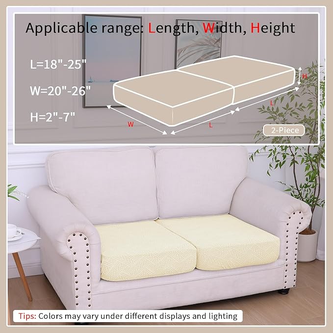 hyha Waterproof Couch Cushion Covers, Waterproof Sectional Couch Covers for 2 Cushion Sofa for Pets, Stretch Sofa Slipcover Washable with Elastic Bottom(2 Packs, Beige)