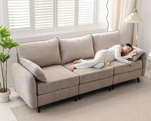 104'' Modular Sectional Sofa with Seats Storage, 3 Seater Sofa Couch with Deep Seat,Oversized Comfy Couch for Living Room,Bedroom,2 Throw Pillow,Chenille,Khaki