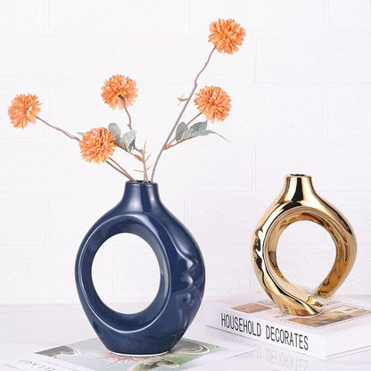 LCCCK Blue and Gold Ceramic Vases for Home Decor, Boho Vase for Flowers Pampas Grass Decorative, Navy Blue Hollow Donut Small Vase for Living Room Table Wedding Centerpiece Modern Vases