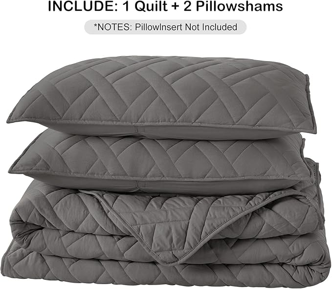 HORIMOTE HOME Quilt Set Queen Size Grey, Classic Geometric Diamond Stitched Pattern, Microfiber Ultra Soft Lightweight Bedspread Coverlet for All Season, 3 Piece Includes 1 Quilt and 2 Shams