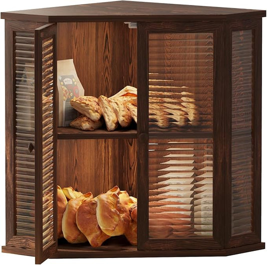Corner bread box Bread Box for Kitchen Countertop - Corner Bread Storage Box 16.51" H, Premium Pine Wood with Glass Door, Perfect for Homemade Bread, Baguettes & Pastries (Pine wood)