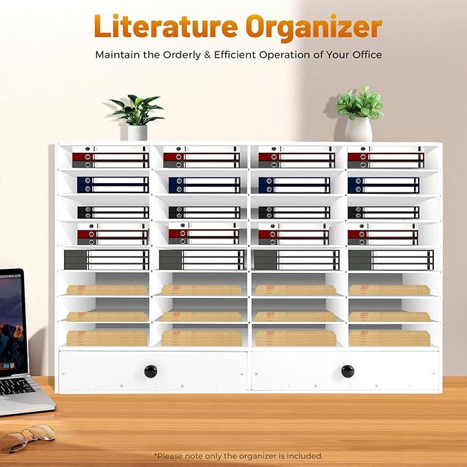 Literature Organizer with 32 Compartments | Adjustable Desktop File Sorter Mail Center for Home, Office & Classroom | PVC Paper Storage Cabinet with 2 Drawers and Shelves, White