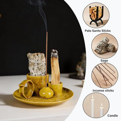 4-Inch 5-in-1 Yellow Ceramic Incense Holder | Multi-Use Smudge Tray for Palo Santo, Sage, Incense Sticks & Cones | Ideal for Candles & Meditation | Zen Altar for Yoga & Aromatherapy