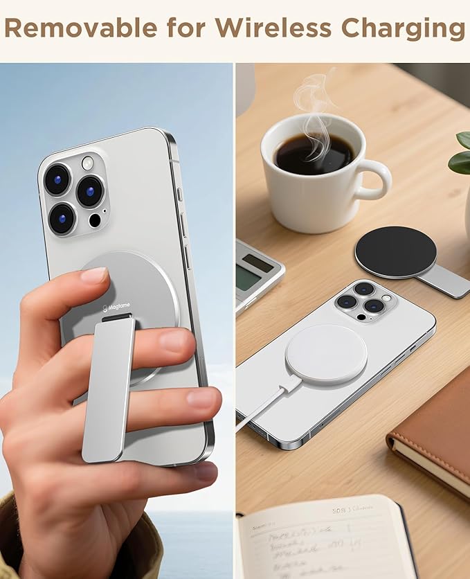 Magtame Magnetic Phone Stand Grip for Magsafe, Utral-Thin Snap-on Phone Kickstand, Holder & Grip, Foldable & Adjustable for Hands-Free Viewing | Compatible with Phone 16 15 14 13 12 Pro,Silver