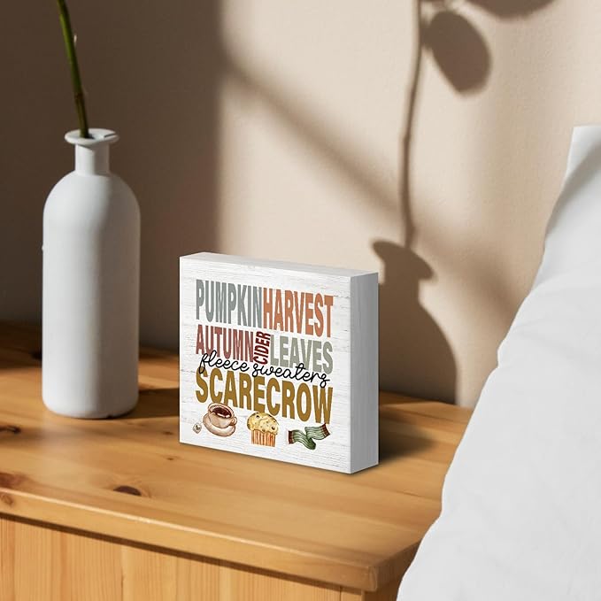 Autumn Harvest Pumpkin Decor Wood Box Sign Desk Decor, Cozy Fall Seasonal Decor, Farmhouse Fall Leaves Wooden Block Sign Decorations for Home Bedroom Kitchen Wall Tabletop Shelf Decor