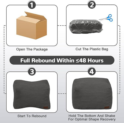 MeMoreCool Square Stuffed Pouf Ottoman Foot Rest, Stripe Furry Floor Pouf Foot Stool with Foam Chunk Filling, Soft Fluffy Stuffed Ottoman Footrest for Living Room, Corduroy Grey