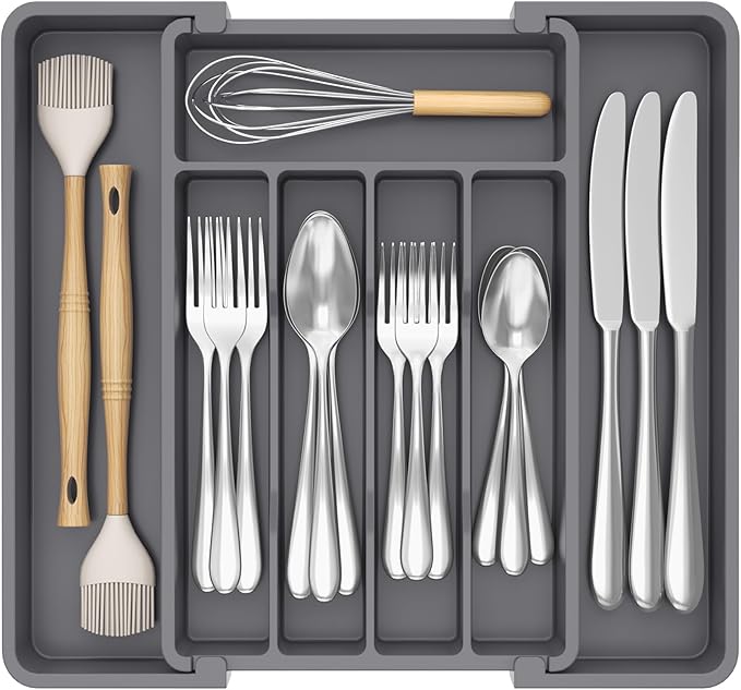 Lifewit Silverware Drawer Organizer, Expandable Utensil Tray for Kitchen, BPA Free Flatware and Cutlery Holder, Adjustable Plastic Storage for Spoons Forks Knives, 8.5"-14.1" x 12.1", Dark Gray