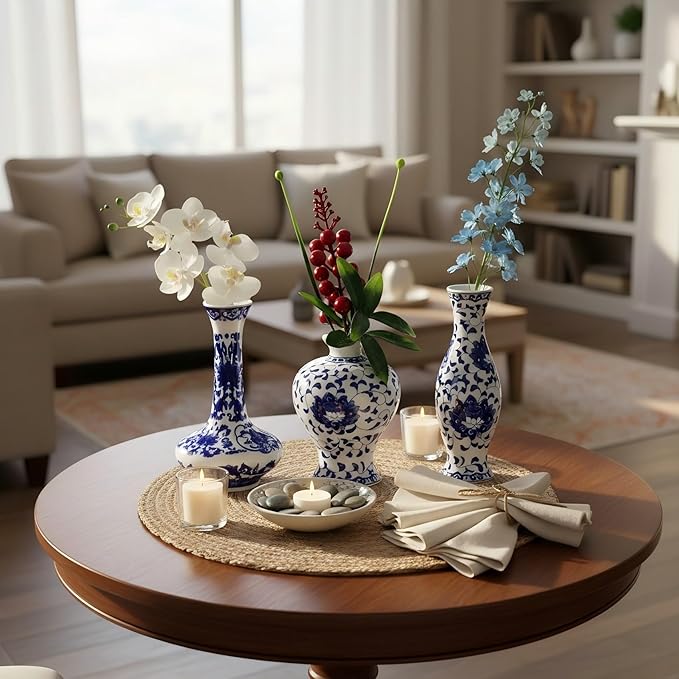 Blue and White Vase Set of 3, Cute Ceramic Bud vase in Bulk for Farmhouse Table Centerpiece Mini Vintage Vase for Rustic Wedding Decorations, Home Table Flower Decor