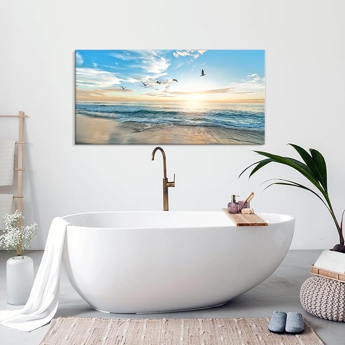 Goldfoilart Ocean Beach Sunset Canvas Wall Art for Bedroom Seagull Seascape Paintings Coastal Picture Framed Artwork for Bathroom Living Room Office Decor 20" x 40"