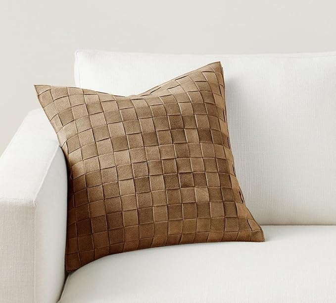 Genuine Lamb Leather Cushion Pillow Cover - Luxury Leather Pillow Case - Modern, Boho, Farmhouse Home Decor - Bedroom Couch, Living Room, Sofa Bed (Basketweave - Dark Camel, 24" x 24")