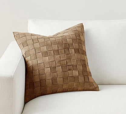 Genuine Lamb Leather Cushion Pillow Cover - Luxury Leather Pillow Case - Modern, Boho, Farmhouse Home Decor - Bedroom Couch, Living Room, Sofa Bed (Basketweave - Dark Camel, 24" x 24")