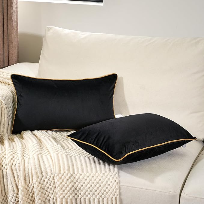 Aeckself Pack of 2 Pure Black Velvet Lumbar Pillow Covers, Modern Luxury Decorative Pillowcase with Gold Trim Edge, Comfortable Soft Solid Cushion Case for Couch Bedroom Living Room 12 x 20 Inch
