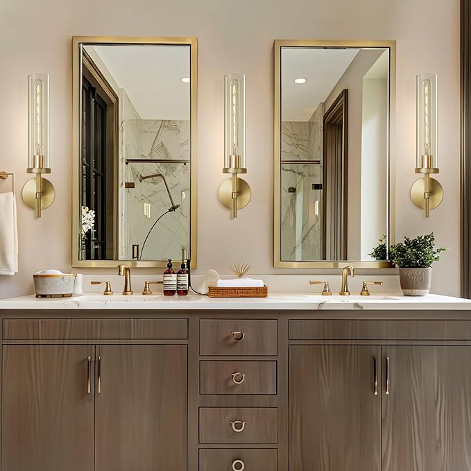 Gold Wall Sconces Set of Two, 19.48" Knurled Gold Wall Lighting with Glass Tube, Modern Brass Sconces Wall Lamp for Bedroom Living Room Bathroom Hallway Staircase & Vanity Mirror(Including Bulb)